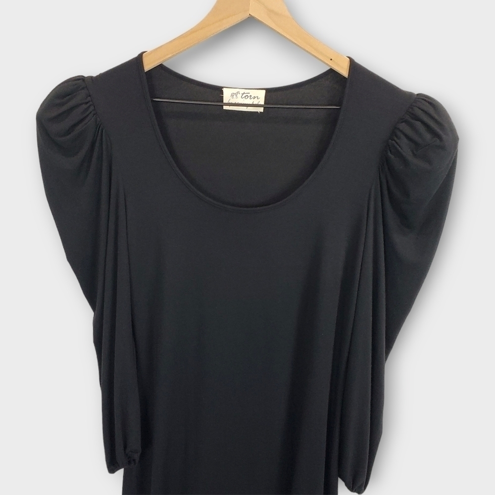 Torn by Ronny Kobo Black Puff Shoulder Mini T Shirt Dress Medium - Picture 2 of 13